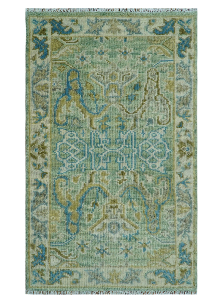 Hand Knotted Green, Olive and Teal Traditional Dragon Oushak Design 3x5 wool rug - The Rug Decor