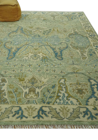 Hand Knotted Green, Olive and Teal Traditional Dragon Oushak Design 8x10 wool rug - The Rug Decor