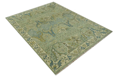 Hand Knotted Green, Olive and Teal Traditional Dragon Oushak Design 8x10 wool rug - The Rug Decor