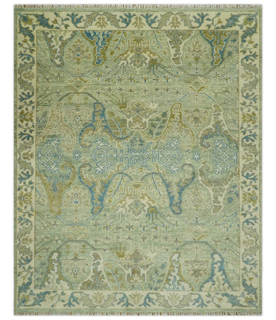 Hand Knotted Green, Olive and Teal Traditional Dragon Oushak Design 8x10 wool rug - The Rug Decor