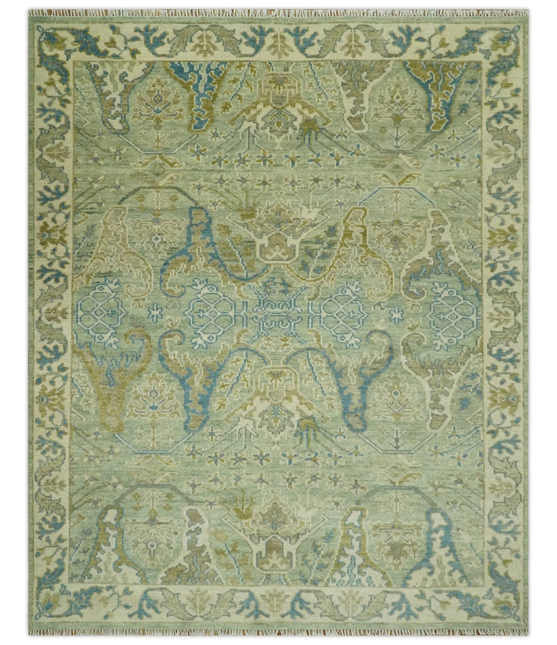 Hand Knotted Green, Olive and Teal Traditional Dragon Oushak Design 8x10 wool rug - The Rug Decor