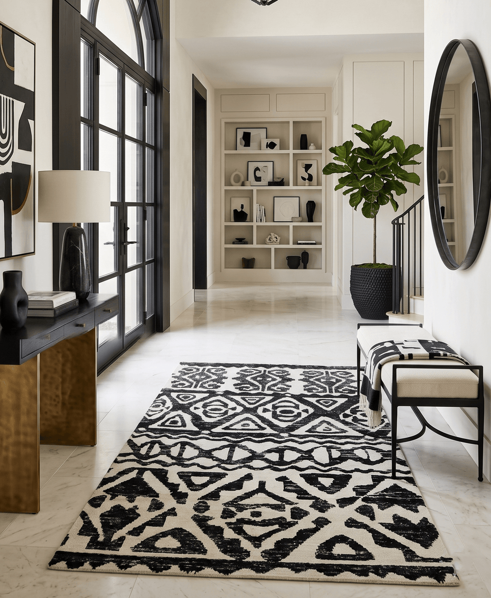 Hand Knotted Ivory and Black Modern Contemporary Recycled Silk Area Rug - The Rug Decor