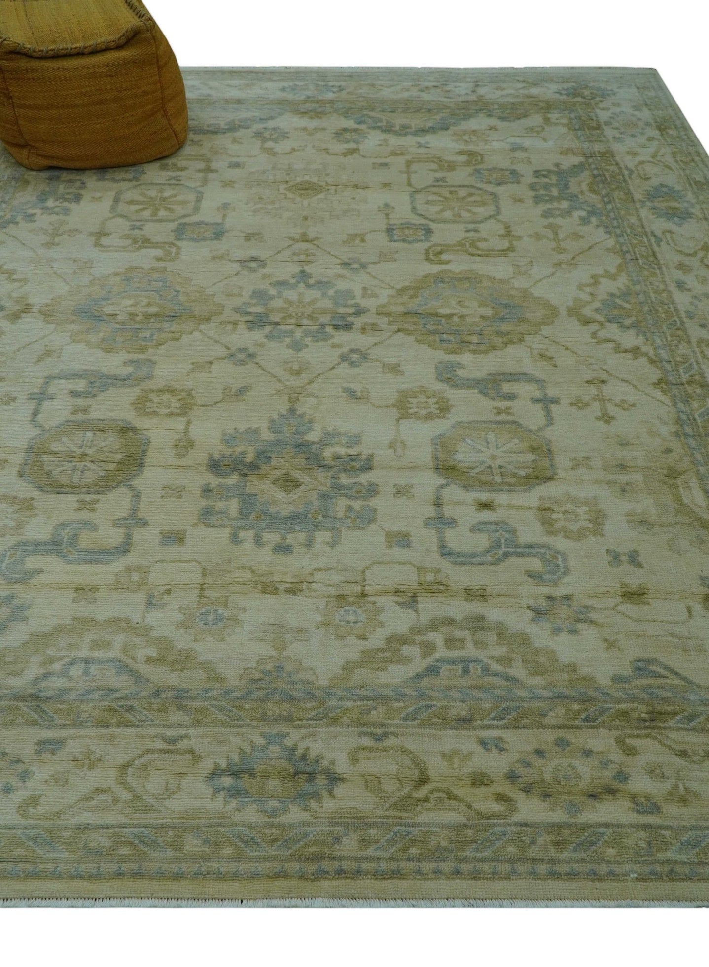 Hand Knotted Ivory And Blue Traditional Oushak Design 8x10 Wool Area Rug - The Rug Decor