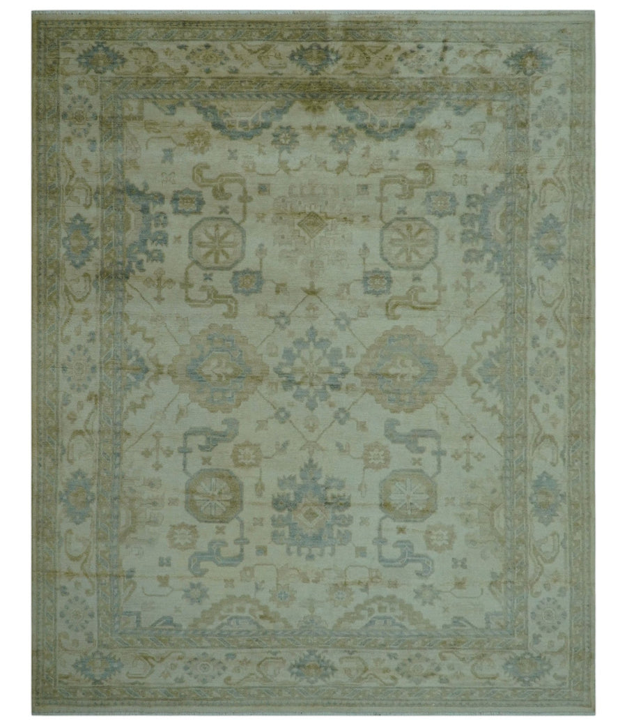 Hand Knotted Ivory And Blue Traditional Oushak Design 8x10 Wool Area Rug - The Rug Decor