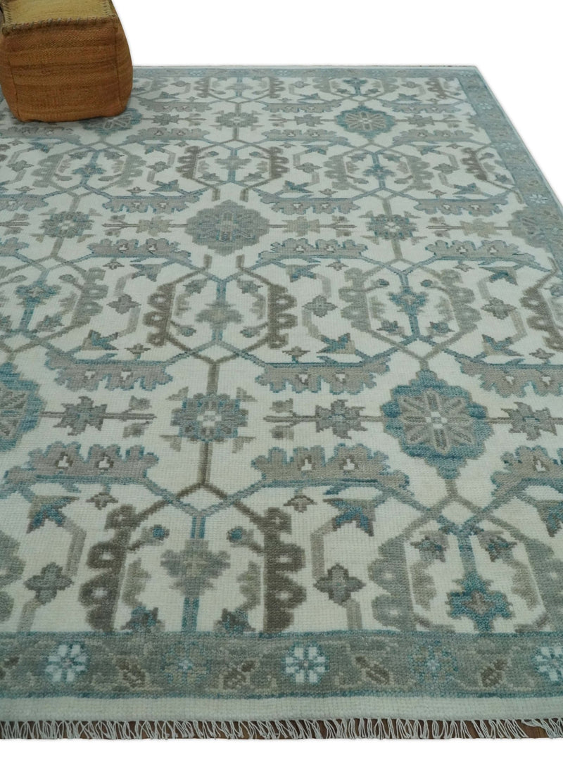 Hand Knotted Ivory and Teal 8x10 and 11x11 Square Oushak Wool Area Rug - The Rug Decor