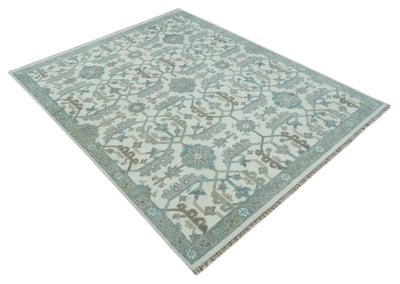 Hand Knotted Ivory and Teal 8x10 and 11x11 Square Oushak Wool Area Rug - The Rug Decor