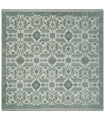 Hand Knotted Ivory and Teal 8x10 and 11x11 Square Oushak Wool Area Rug - The Rug Decor