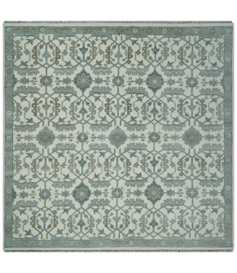 Hand Knotted Ivory and Teal 8x10 and 11x11 Square Oushak Wool Area Rug - The Rug Decor