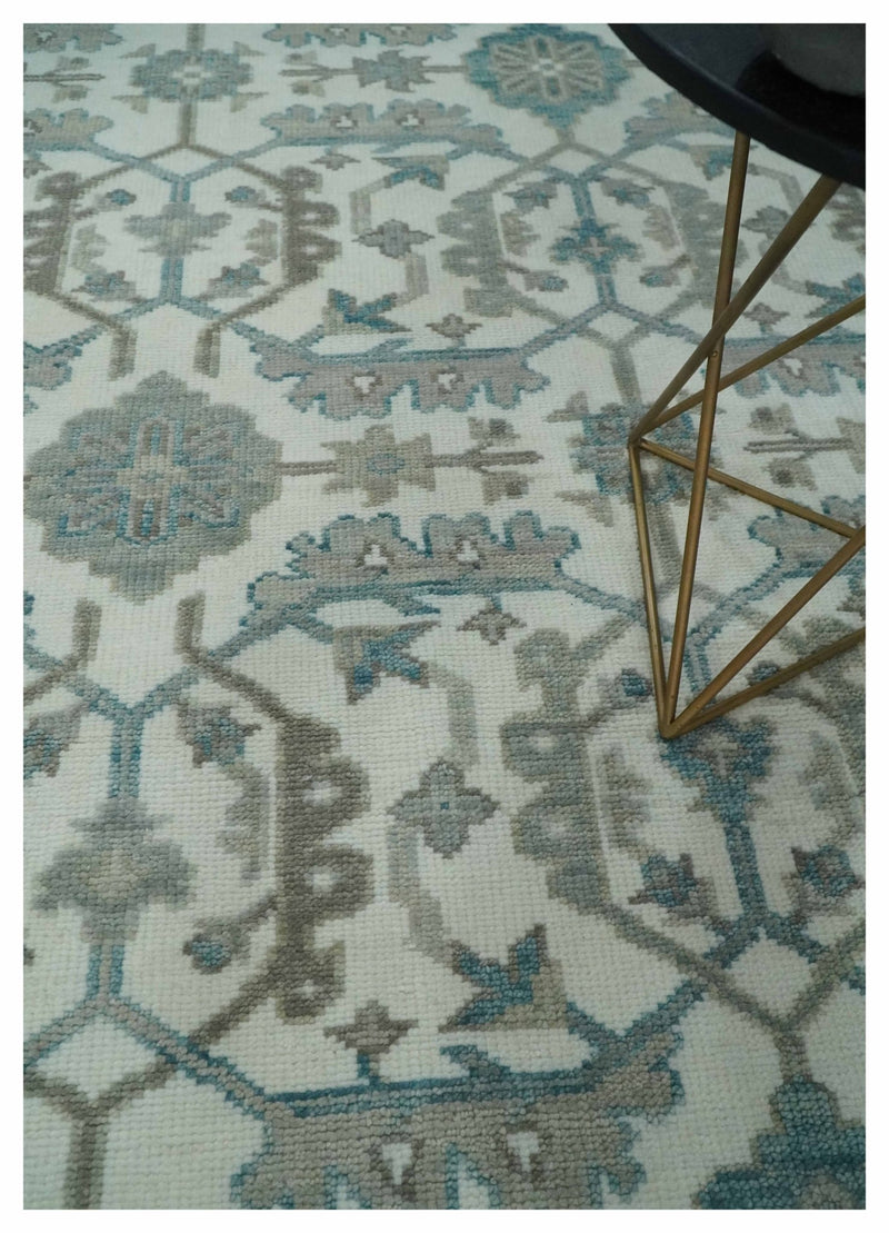 Hand Knotted Ivory and Teal 8x10 and 11x11 Square Oushak Wool Area Rug - The Rug Decor