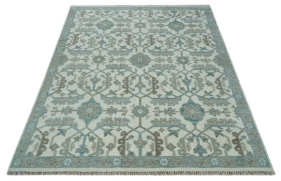 Hand Knotted Ivory and Teal 8x10 and 11x11 Square Oushak Wool Area Rug - The Rug Decor