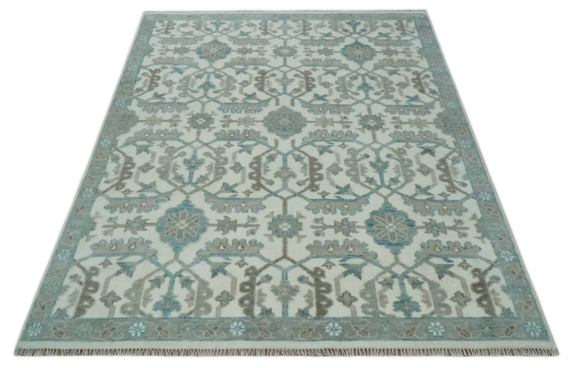 Hand Knotted Ivory and Teal 8x10 and 11x11 Square Oushak Wool Area Rug - The Rug Decor