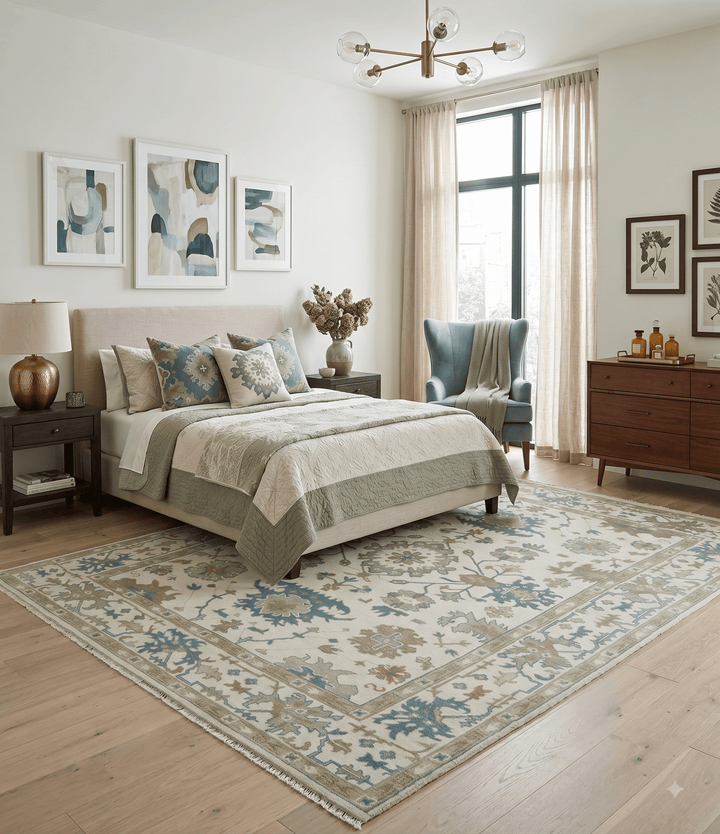 Hand Knotted Ivory, Beige and Teal Traditional Oushak Wool Area Rug - The Rug Decor