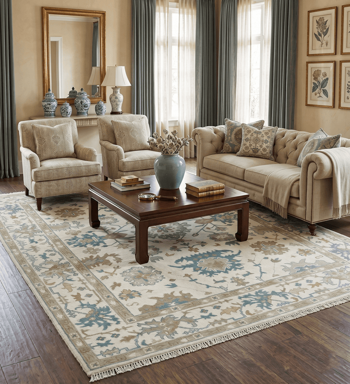 Hand Knotted Ivory, Beige and Teal Traditional Oushak Wool Area Rug - The Rug Decor
