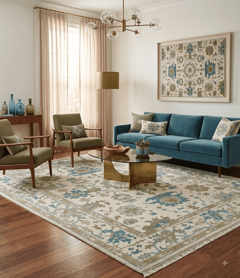 Hand Knotted Ivory, Beige and Teal Traditional Oushak Wool Area Rug - The Rug Decor