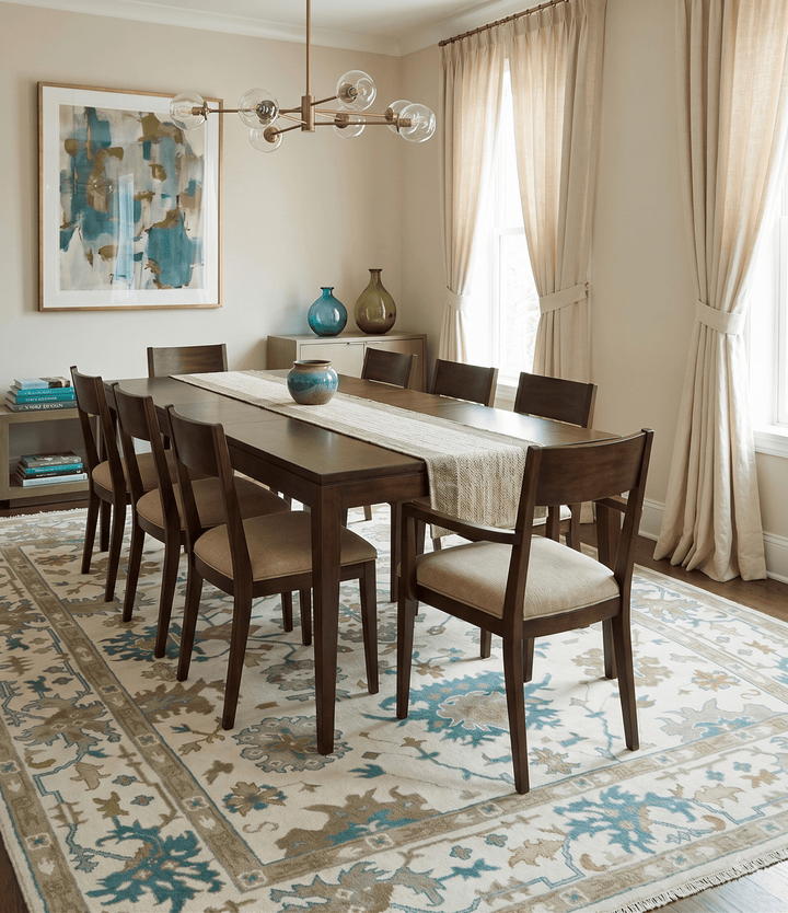 Hand Knotted Ivory, Beige and Teal Traditional Oushak Wool Area Rug - The Rug Decor