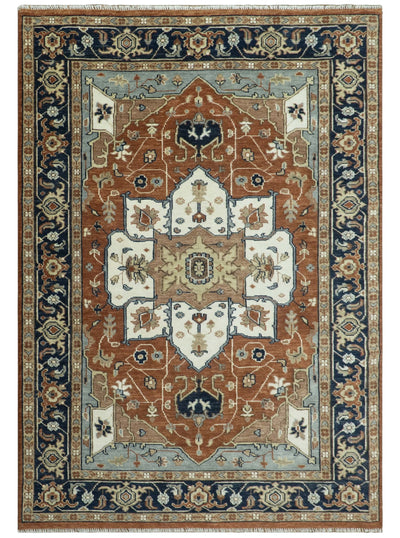 Hand Knotted Ivory, Blue and Rust Modern Traditional Heriz Serapi Multi Size Wool Area Rug - The Rug Decor