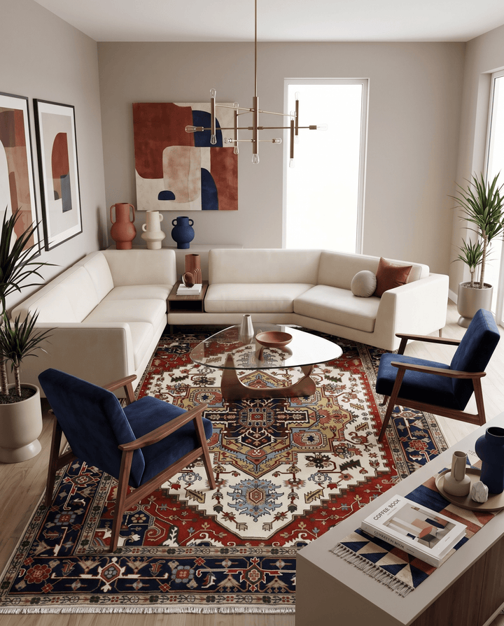 Hand Knotted Ivory, Brown and Blue Traditional Antique Style Wool Area Rug - The Rug Decor
