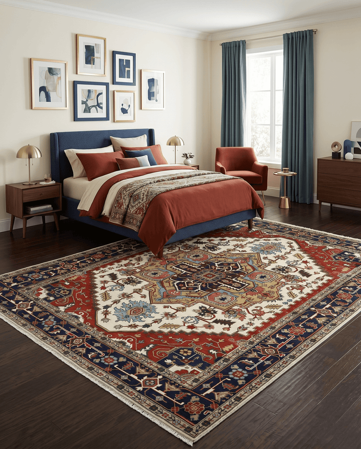 Hand Knotted Ivory, Brown and Blue Traditional Antique Style Wool Area Rug - The Rug Decor