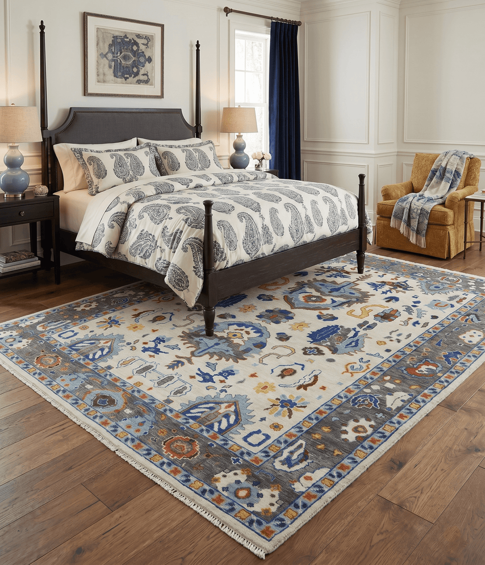 Hand Knotted Ivory, Charcoal and Blue Traditional Oushak Multi size Wool Area Rug - The Rug Decor
