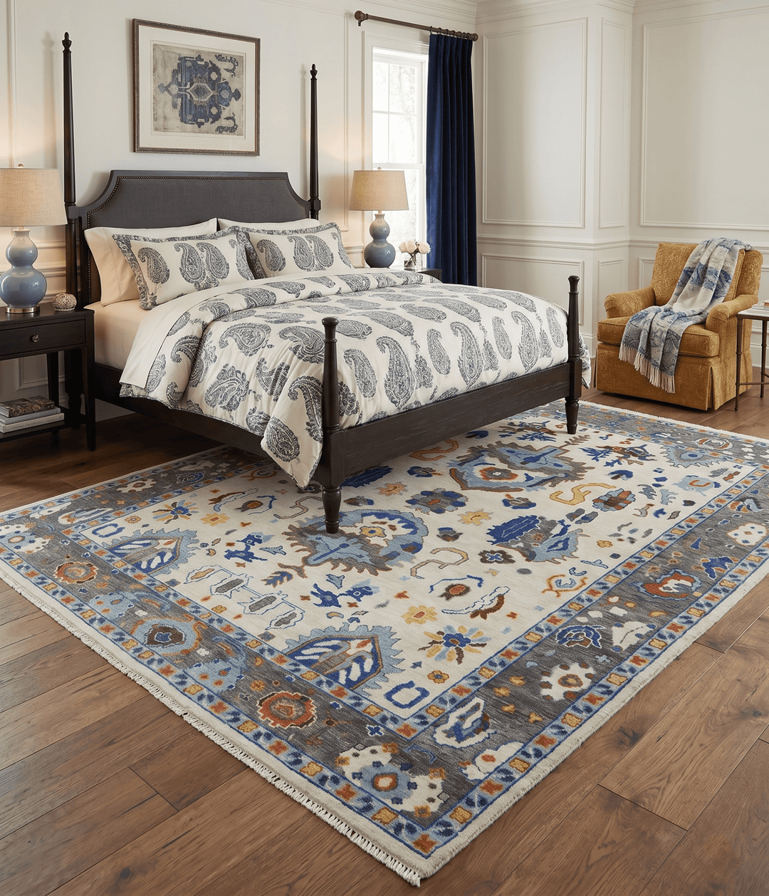 Hand Knotted Ivory, Charcoal and Blue Traditional Oushak Multi size Wool Area Rug - The Rug Decor