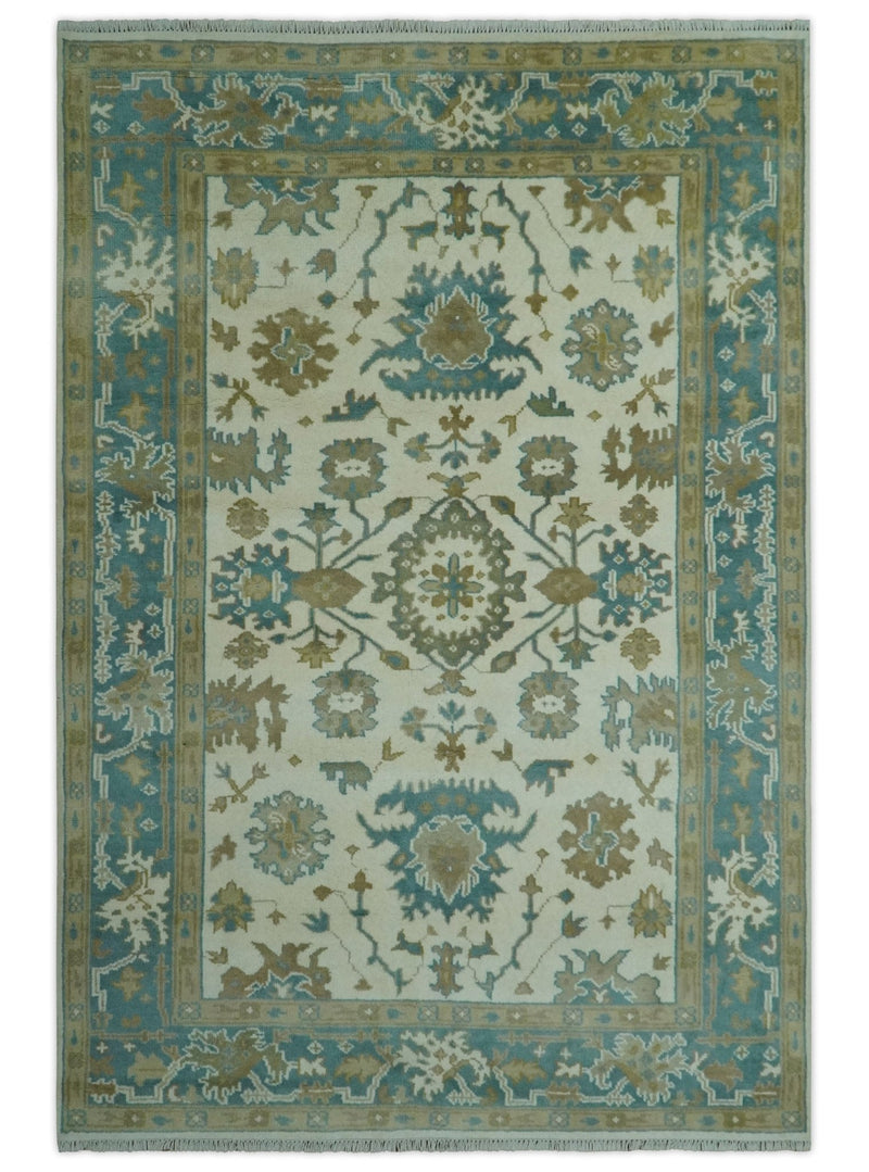 Hand Knotted Ivory, Teal and Beige Traditional Oriental Oushak Multi Size wool rug - The Rug Decor