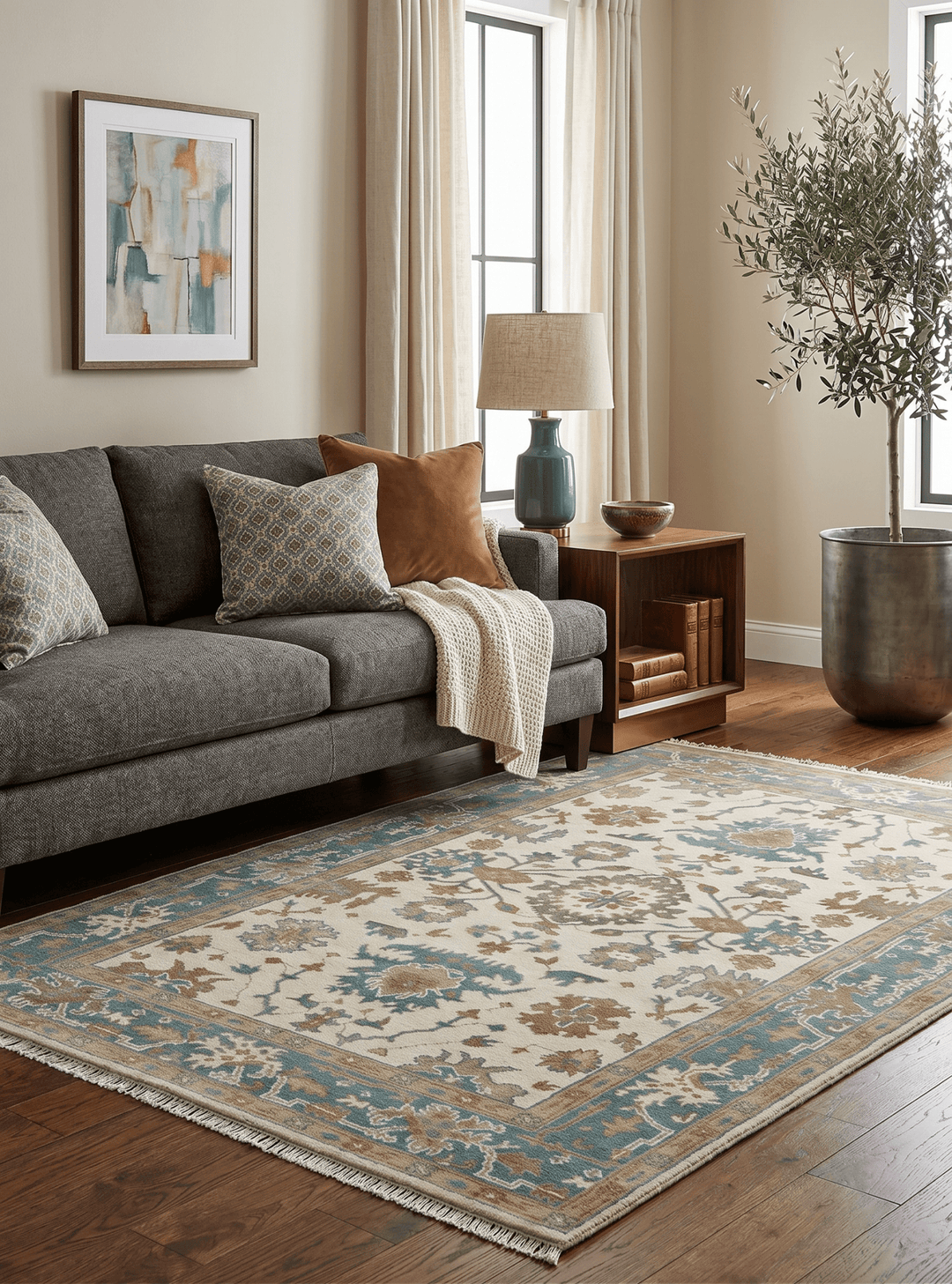 Hand Knotted Ivory, Teal and Beige Traditional Oriental Oushak Multi Size wool rug - The Rug Decor