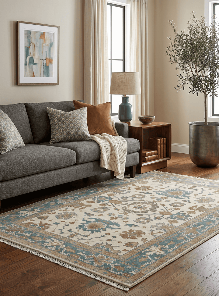 Hand Knotted Ivory, Teal and Beige Traditional Oriental Oushak Multi Size wool rug - The Rug Decor