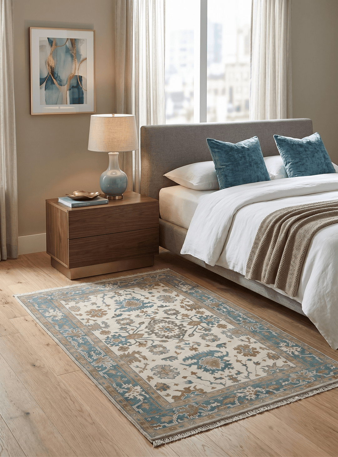 Hand Knotted Ivory, Teal and Beige Traditional Oriental Oushak Multi Size wool rug - The Rug Decor