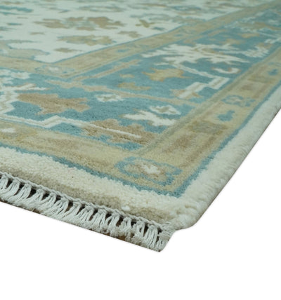 Hand Knotted Ivory, Teal and Beige Traditional Oriental Oushak Multi Size wool rug - The Rug Decor