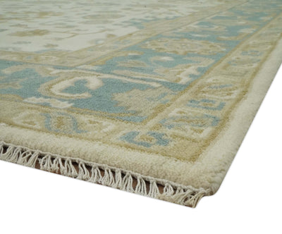 Hand Knotted Ivory, Teal and Olive 6x9 Traditional Oriental Oushak wool rug - The Rug Decor