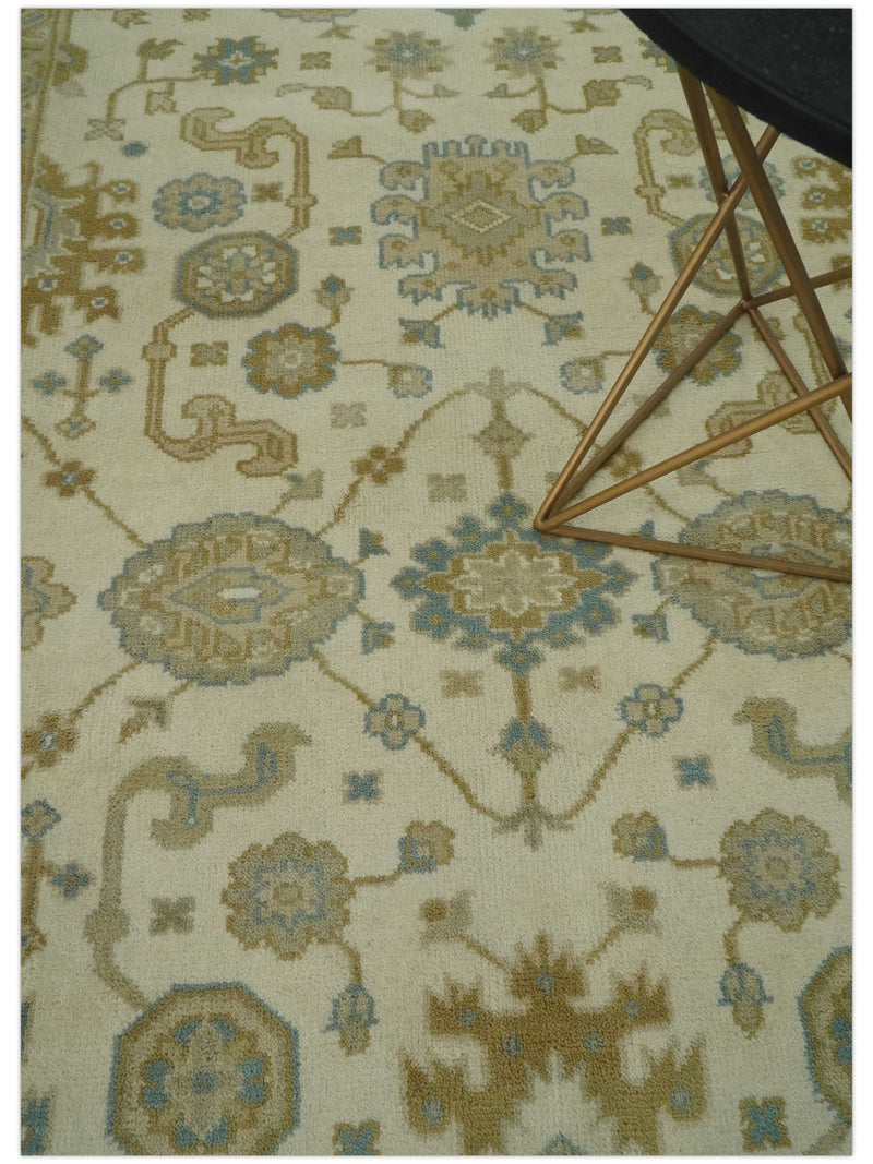 Hand Knotted Ivory, Teal and Olive 6x9 Traditional Oriental Oushak wool rug - The Rug Decor