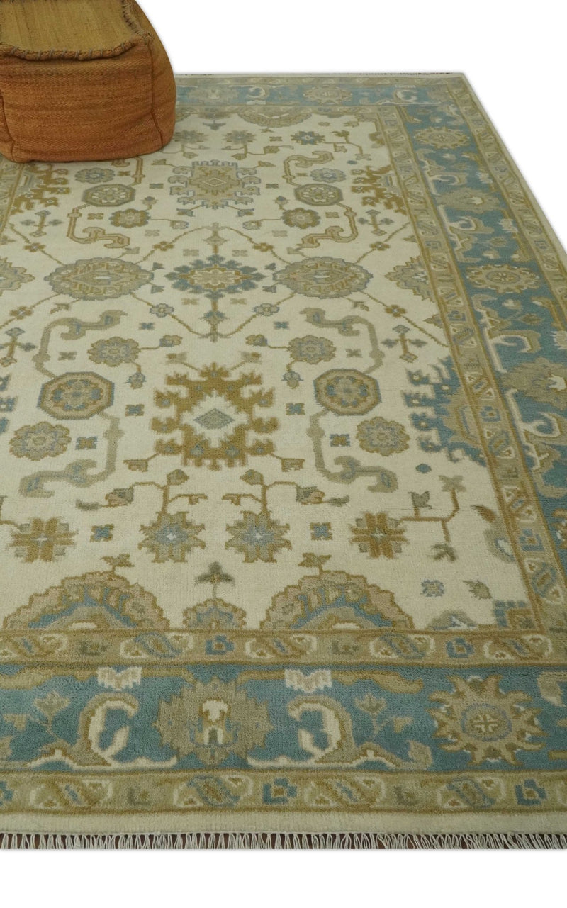 Hand Knotted Ivory, Teal and Olive 6x9 Traditional Oriental Oushak wool rug - The Rug Decor