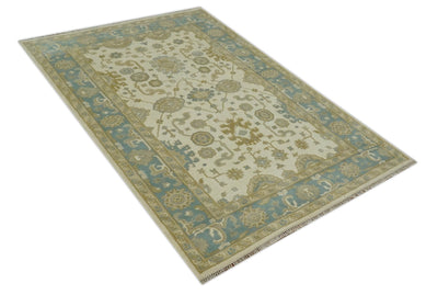 Hand Knotted Ivory, Teal and Olive 6x9 Traditional Oriental Oushak wool rug - The Rug Decor