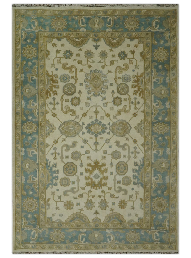 Hand Knotted Ivory, Teal and Olive 6x9 Traditional Oriental Oushak wool rug - The Rug Decor