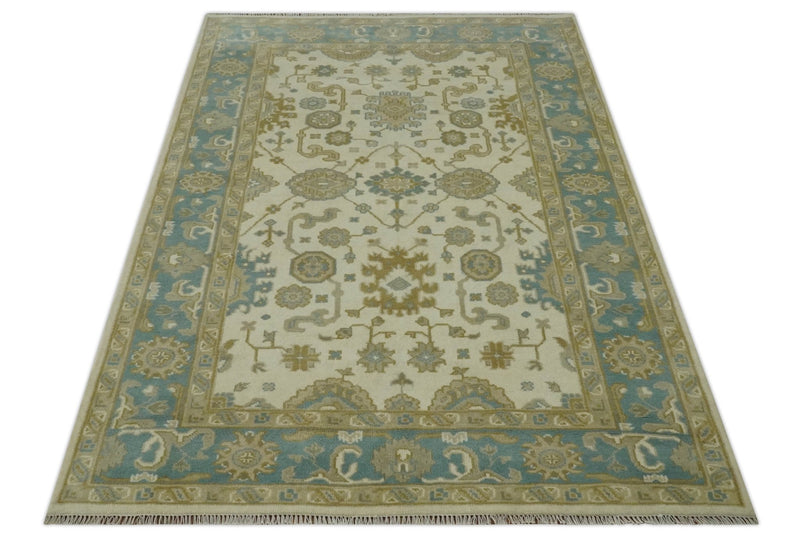 Hand Knotted Ivory, Teal and Olive 6x9 Traditional Oriental Oushak wool rug - The Rug Decor