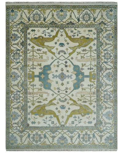 Hand Knotted Ivory, Teal and Olive Oriental Oushak 9x12 Wool Area Rug - The Rug Decor