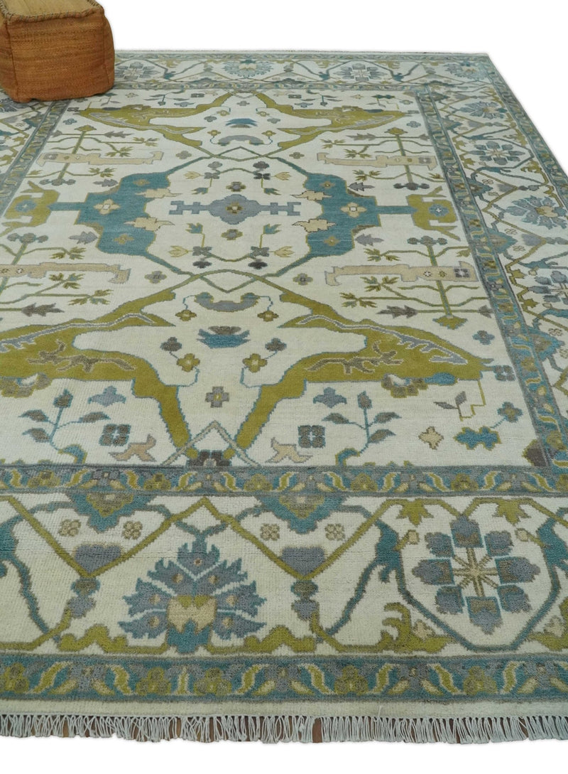 Hand Knotted Ivory, Teal and Olive Oriental Oushak 9x12 Wool Area Rug - The Rug Decor