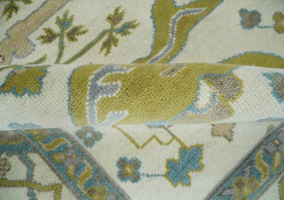 Hand Knotted Ivory, Teal and Olive Oriental Oushak 9x12 Wool Area Rug - The Rug Decor