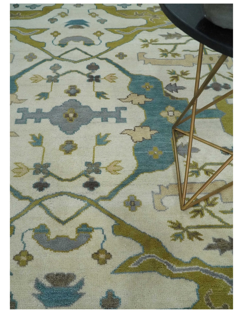 Hand Knotted Ivory, Teal and Olive Oriental Oushak 9x12 Wool Area Rug - The Rug Decor