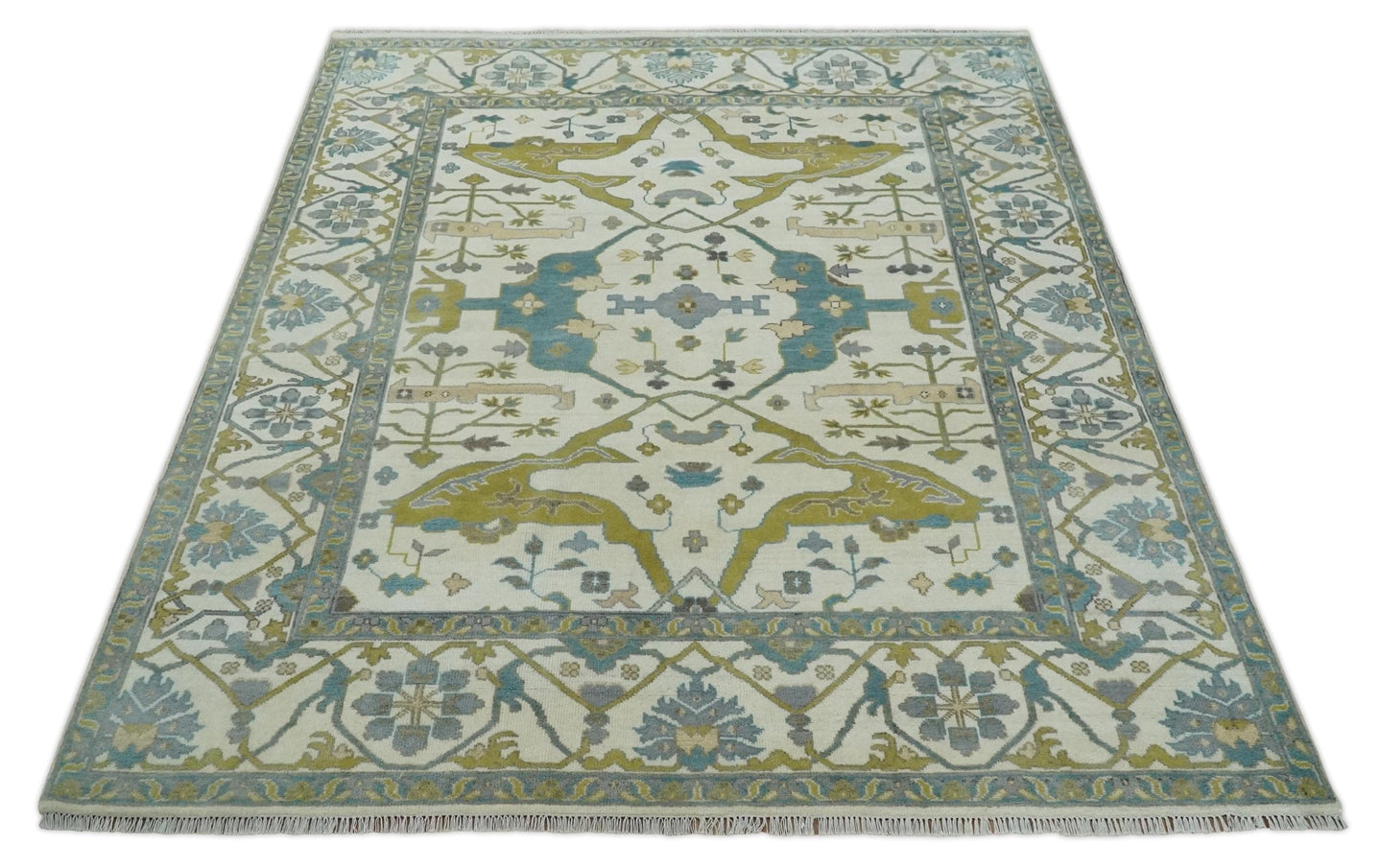 Hand Knotted Ivory, Teal and Olive Oriental Oushak 9x12 Wool Area Rug - The Rug Decor