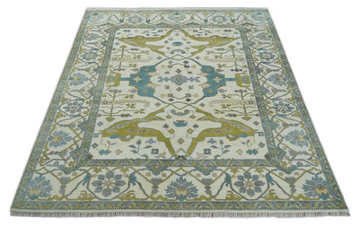 Hand Knotted Ivory, Teal and Olive Oriental Oushak 9x12 Wool Area Rug - The Rug Decor