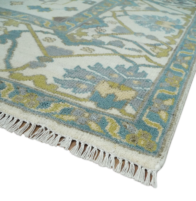 Hand Knotted Ivory, Teal and Olive Oriental Oushak 9x12 Wool Area Rug - The Rug Decor