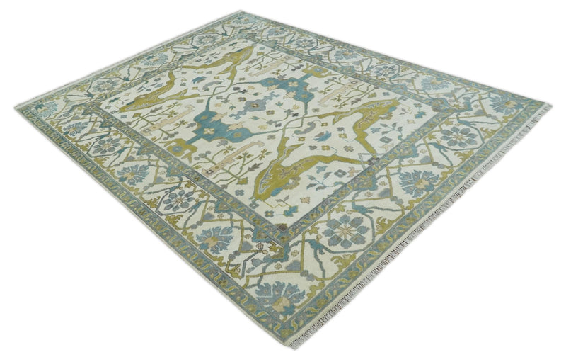 Hand Knotted Ivory, Teal and Olive Oriental Oushak 9x12 Wool Area Rug - The Rug Decor