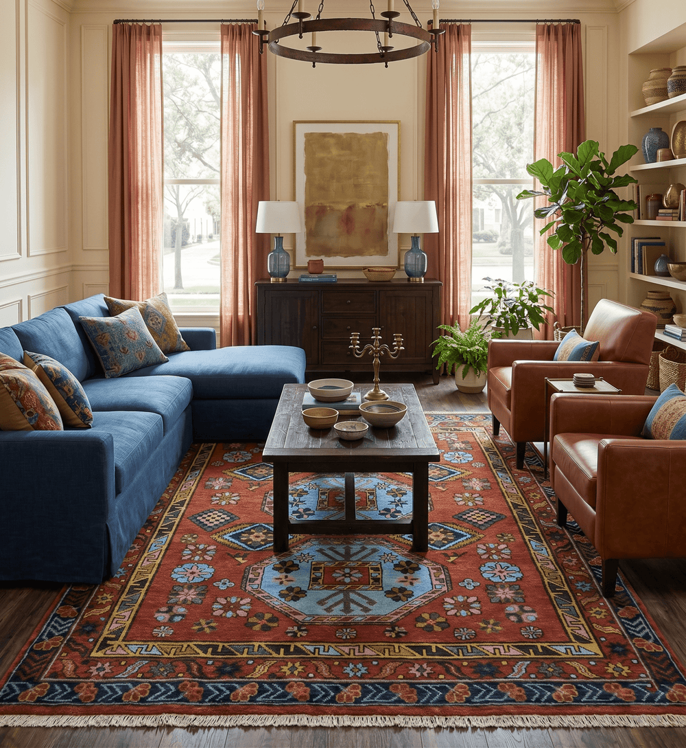 Hand Knotted Maroon and Blue Traditional Antique look Multi Size Wool Area Rug - The Rug Decor