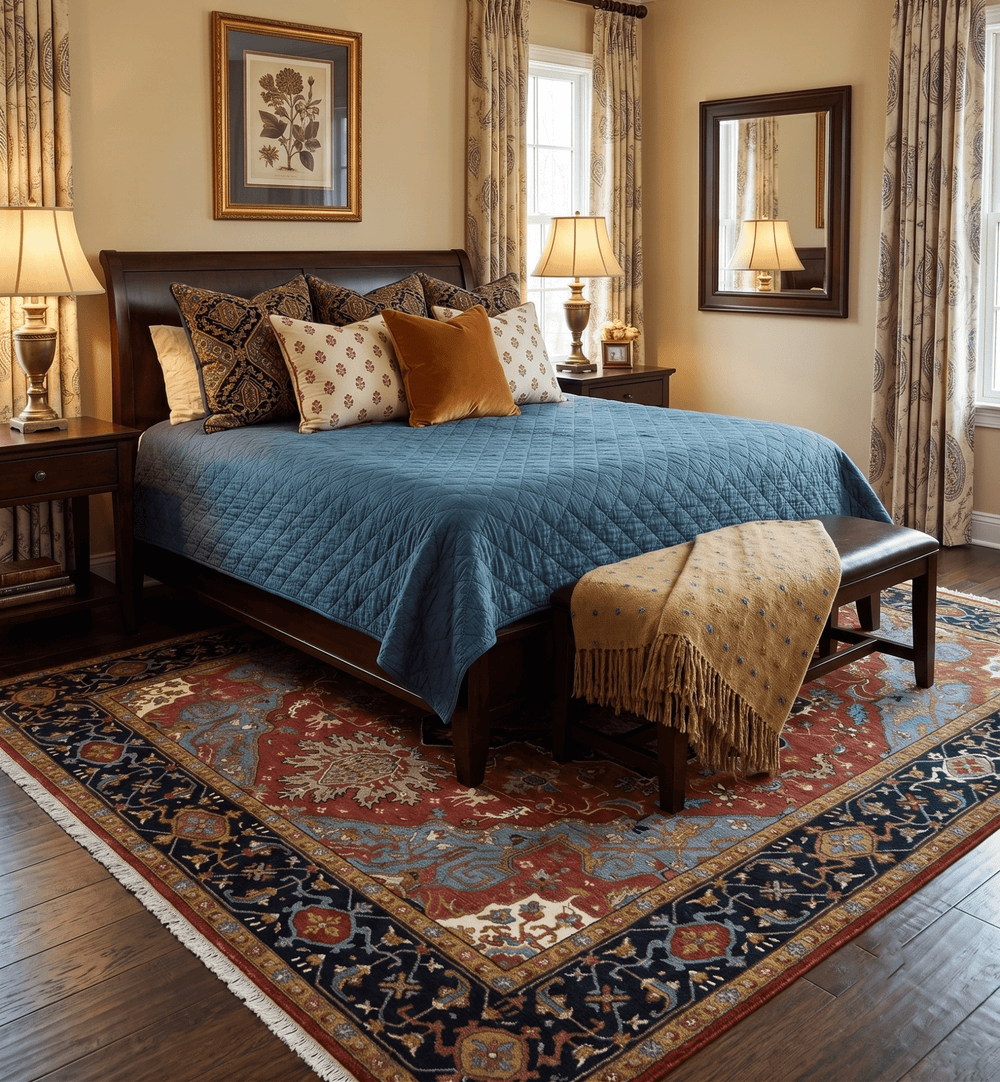 Hand Knotted Maroon And Blue Traditional Heriz Custom Made Wool Area Rug - The Rug Decor