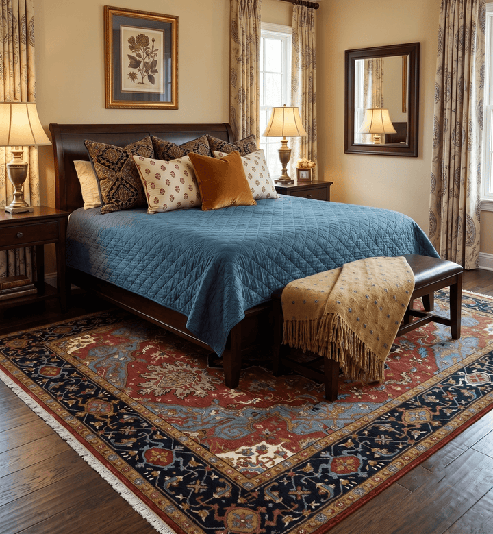 Hand Knotted Maroon And Blue Traditional Heriz Custom Made Wool Area Rug - The Rug Decor