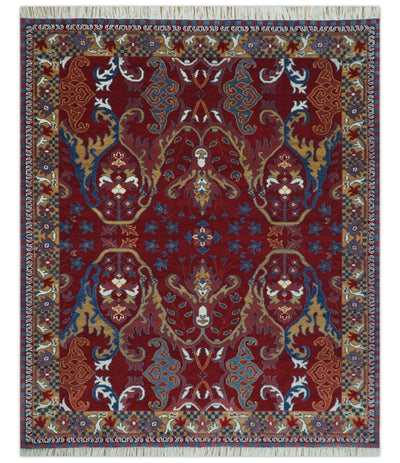 Hand Knotted Maroon, Blue And Beige Traditional Pattern 8x10 Wool Area Rug - The Rug Decor