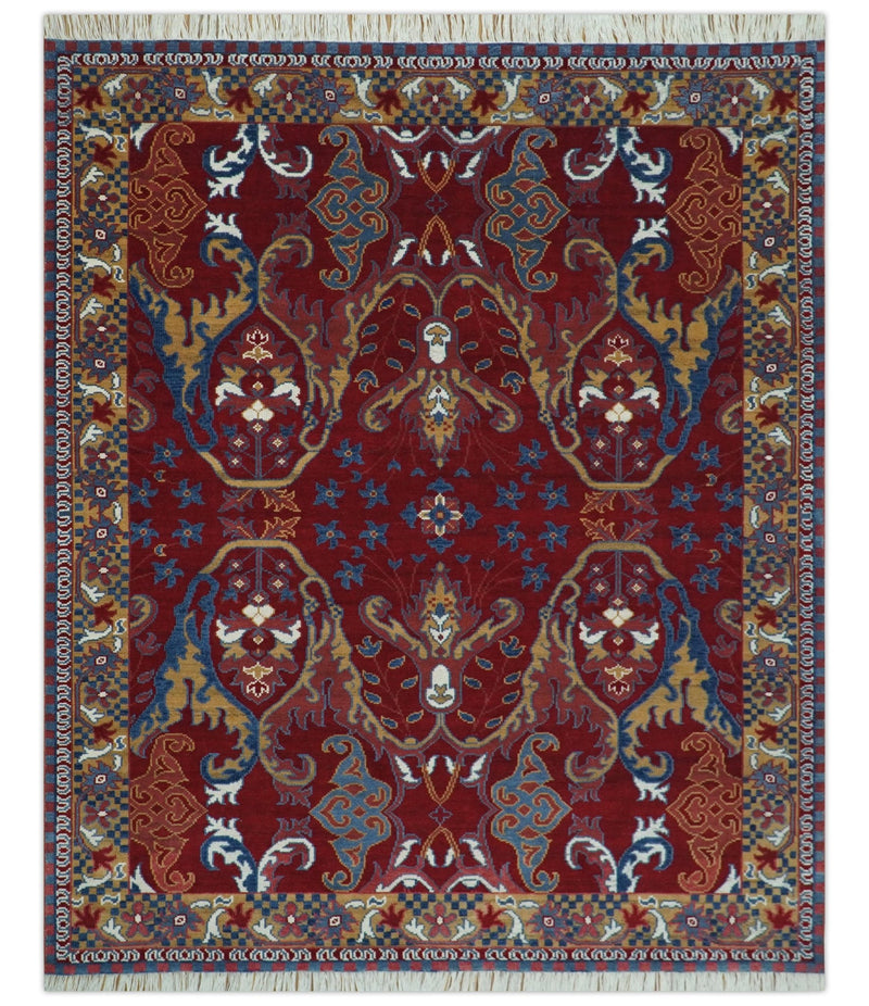 Hand Knotted Maroon, Blue And Beige Traditional Pattern 8x10 Wool Area Rug - The Rug Decor