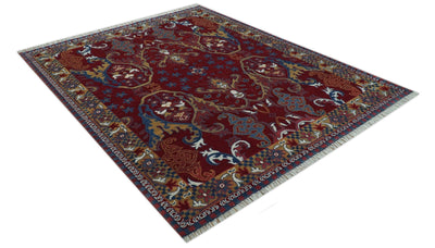 Hand Knotted Maroon, Blue And Beige Traditional Pattern 8x10 Wool Area Rug - The Rug Decor