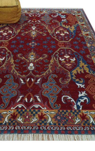 Hand Knotted Maroon, Blue And Beige Traditional Pattern 8x10 Wool Area Rug - The Rug Decor